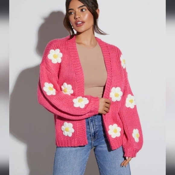 BiBi Pink Open Front Daisy Cardigan - Size M - Picture 1 of 12